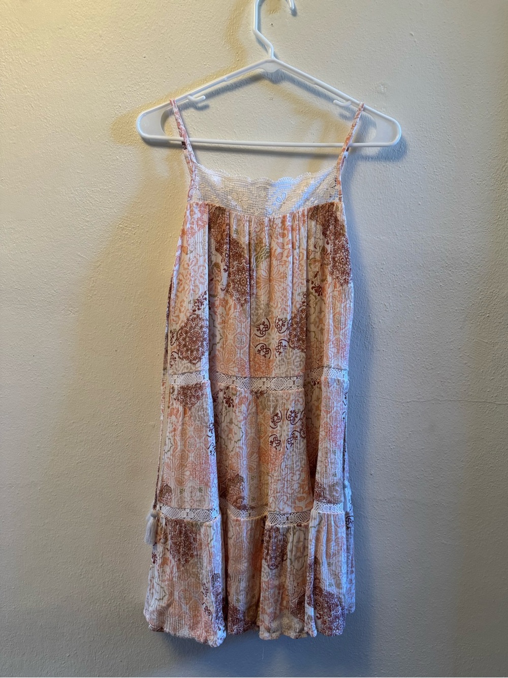 Wallflower Boho Patchwork Floral Tiered Dress, Peach Pink Lace Accents - Small